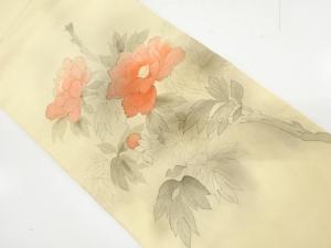 作家物　手描き　手織り紬　牡丹模様　名古屋帯